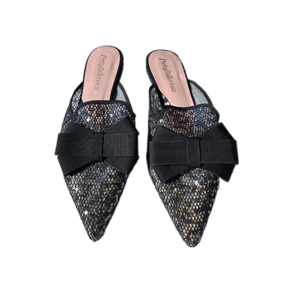 Pretty Ballerinas Black Sequins w Bow Ella Mules Flats US Womens Size 7.5 38 1/2